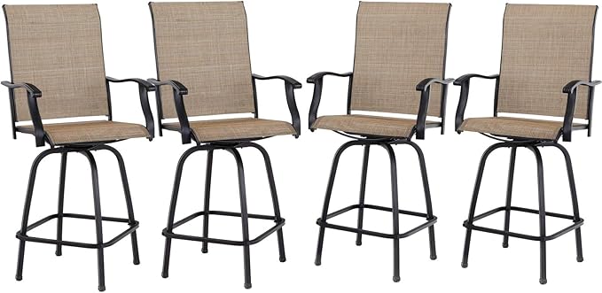 PHI VILLA Outdoor Bar Stools Set of 4, Swivel Patio Bar Stools & Chairs with 30" Seat Height & Brown Textilene Backrest, Tall Outdoor Chairs Bar Funiture for Outside, Porch and Yard