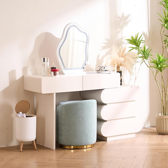Swivel Vanity Stool with Back Comfy Vanity Chair with Gold Base Modern Round Stool for Makeup Vanity Ottoman Foot Rest for Bedroom livingroom (Sage)