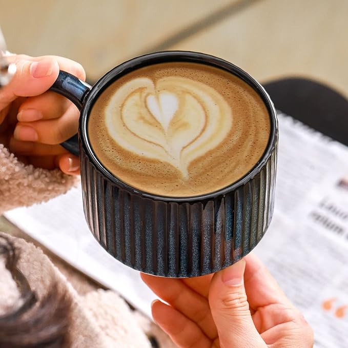 HASENSE Large Coffee Mug Set of 4 with Holder - 15 Oz Stackable Ceramic Ribbed Latte Cup Set for Cappuccino, Tea, Hot Cocoa, Drinks - Dishwasher & Microwave Safe, Navy