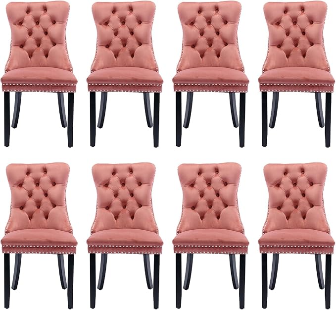 Velvet Upholstered Dining Chairs Set of 8, Modern Style Kitchen Side Chairs with Nailhead Trim and Wood Legs,Metal Pulling Ring for Dining Room Living Room(Pink)