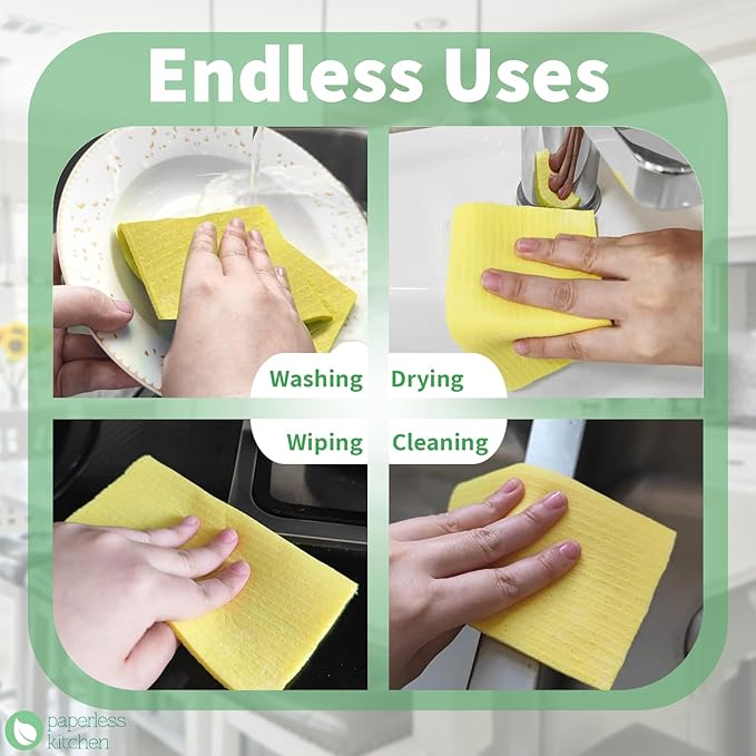 Paperless Kitchen Swedish Dishcloths 12-Pack – Reusable Eco-Friendly Cleaning Towels, Super Absorbent Cellulose Sponge Cloths for Kitchen, Dishes & Countertops, Quick-Dry & Compostable