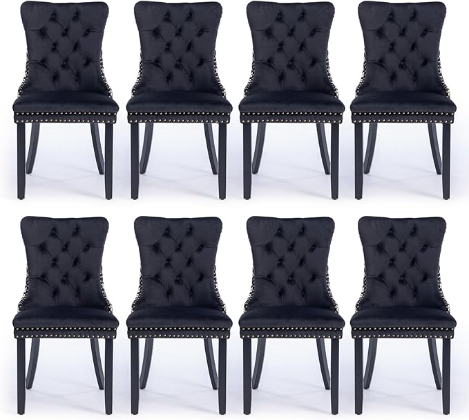 Velvet Upholstered Dining Chairs Set of 8, Modern Style Kitchen Side Chairs with Nailhead Trim and Wood Legs,Metal Pulling Ring for Dining Room Living Room(Quadrangular Star&Black)
