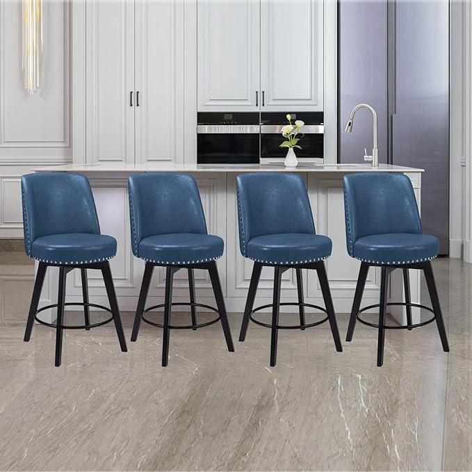 MINCETA Bar Stools Set of 4, PU Leather Barstools, 26 Inch Upholstered Counter Stools with High Back and Footrest, Swivel Counter Height Barstools for Kitchen Island Home Bar Navy Blue
