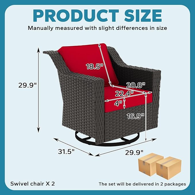 Patio 2 Pieces Wicker Swivel Chairs Set of 2，Outdoor PE Rattan Rocking Glider Armchairs, Water-Resistant Cushions with Removable and Washable Covers, Porch, Balcony, Sunroom (RED)