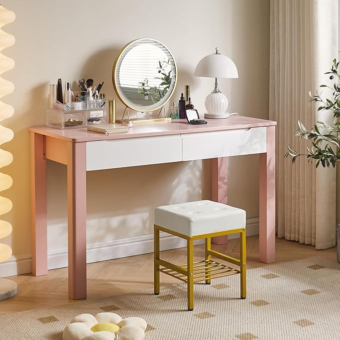 IBUYKE Square Makeup Stool with Adjustable Feet and Storage Space, Footrest Chair, PU Vanity Seat, Multi-Use as Small Side Table or Ottoman, for Bedroom, White LG-60W