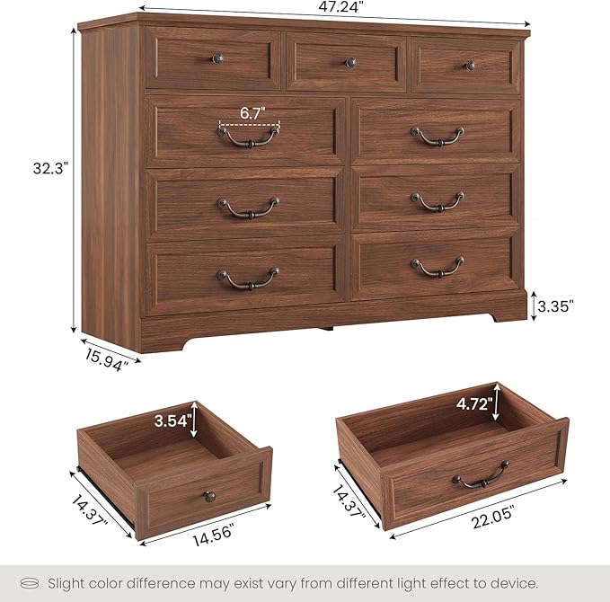 DICTAC Farmhouse 9 Drawers Dresser for Bedroom, Wide Dressers Chest of Drawers, Large Storage Closet Organizer with Natural Texture and Vintage Metal Handle, Wooden Dresser TV Stand for Living Room