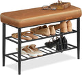 VASAGLE EKHO Collection - Shoe Rack Bench, Storage Bench for Entryway, Synthetic Leather with Stitching, Mid-Century Modern, Loads 300 lb, 11.8 x 31.5 x 19.7 Inches, Caramel Brown ULSB054K01
