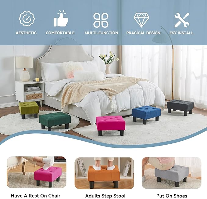 Poofzy Small Foot Stool Ottoman, Velvet Ottoman Foot Rest with Legs, Rectangle Foot Rest for Couch, Footstools and Ottomans Small for Living Room and Entryway (Hot Pink)