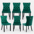 Velvet Upholstered Dining Chairs Set of 6, Modern Style Kitchen Side Chairs with Nailhead Trim and Wood Legs,Metal Pulling Ring for Dining Room Living Room(Green,Set of 6)