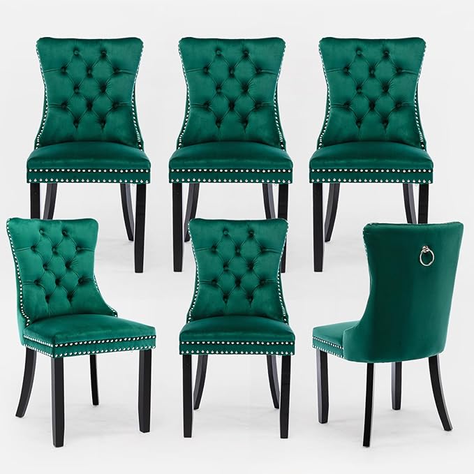 Velvet Upholstered Dining Chairs Set of 6, Modern Style Kitchen Side Chairs with Nailhead Trim and Wood Legs,Metal Pulling Ring for Dining Room Living Room(Green,Set of 6)