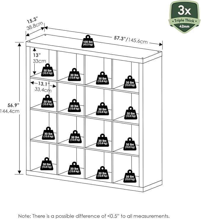 Furinno Cubicle Book Shelf, 16-Cube Bookshelf, Triple Thick Frame Cube Storage Organizer, Bookcase, 15.4 x 57.4 x 56.9, for Home Office, Living Room, Plain White