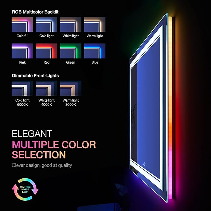 28x36 inch LED Bathroom Mirror RGB Color Changing Backlit Mirror Shatterproof Dimmable Anti-Fog Vanity Mirror with Double Lights (RGB Multicolor Backlit + Adjustable Front-Lighted)