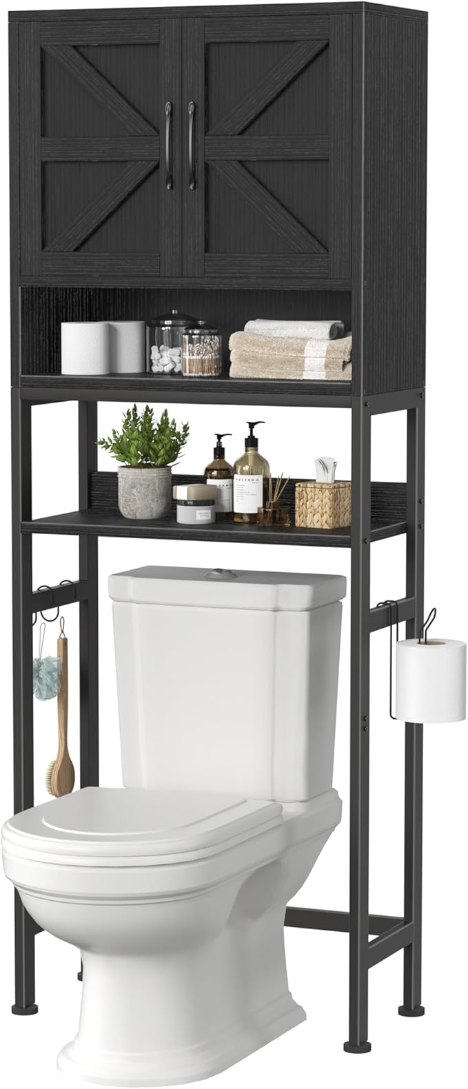 Over The Toilet Storage Cabinet - Bathroom Shelves Above Toilet Freestanding Organizer Shelf with Doors Narrow Floor Stand Rack Farmhouse Wood 71" Tall, Black