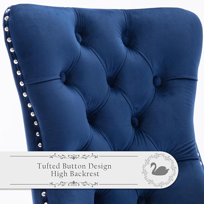 Velvet Upholstered Dining Chairs Set of 2, Modern Style Kitchen Side Chairs with Nailhead Trim and Wood Legs,Metal Pulling Ring for Dining Room Living Room(Blue,Set of 2)