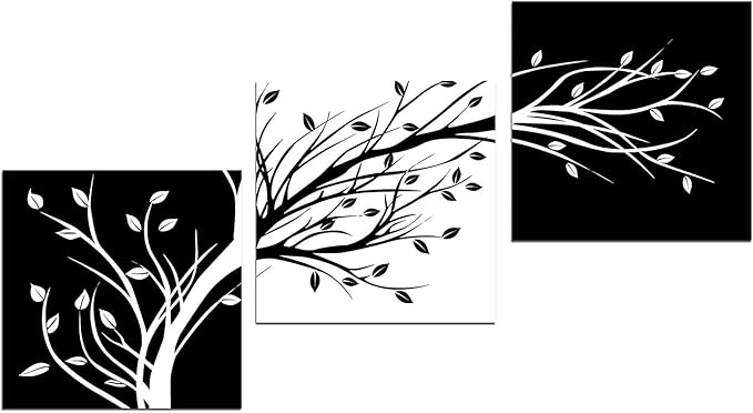 Wieco Art Leaves Modern 3 Panels Flowers Artwork Giclee Canvas Prints Black and White Abstract Floral Trees Pictures Paintings on Canvas Wall Art for Living Room Bedroom Home Decorations