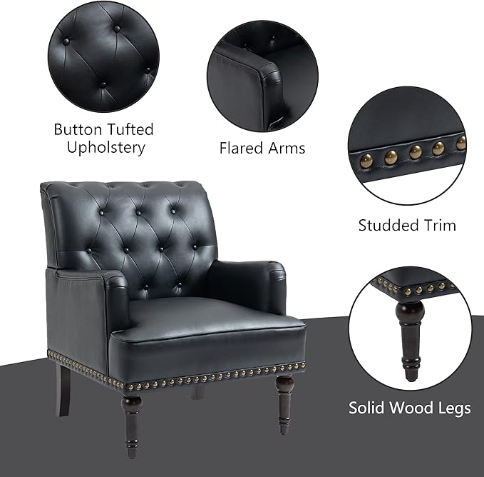 Pia Ricco PU Leather Accent Chair: Modern Nailhead Trim Armchair with Wooden Legs - Upholstered Reading Seat for Office, Living Room, Bedroom-Black