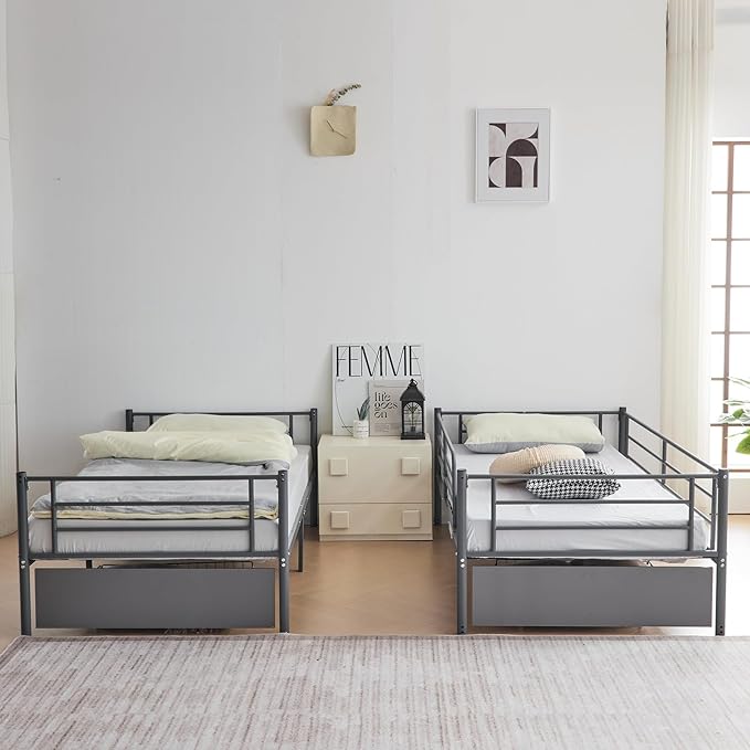 Karl home Grey Bunk Bed Twin Over Twin with 2 Storage Drawers, Metal Bunk Bed with Built-in Ladder and Safety Guardrail, Space-Saving Twin Bunk Beds for Kids, Teens & Adults, No Box Spring Needed