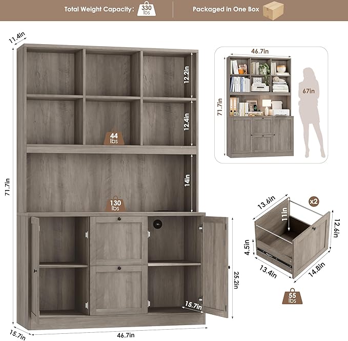 HIFIT 72'' Tall File Bookcase with Power Outlet & Printer Stand, 2 Drawer Filing Cabinets for Home Office Hanging A4 File, Storage Cabinet w/ 3 Tier Open Book Shelf & Doors for Living Room, Ash Grey