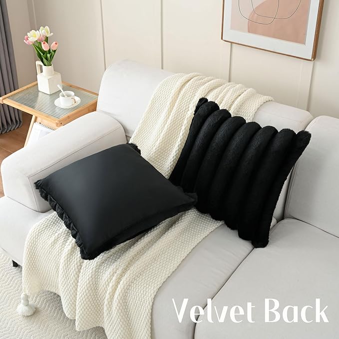 FUTEI Black Decorative Throw Pillow Covers 20x20 Inch Set of 2, Square Soft Faux Rabbit Fur Thick Striped Cushion Cover,Winter Home Decor for Couch Bed Living Room