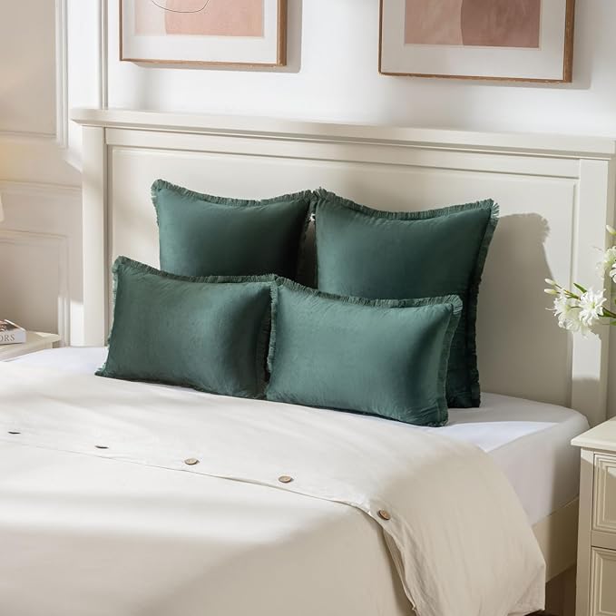 FUTEI Christmas Army Green Velvet Decorative Throw Pillow Covers 26x26 Set of 2,Soft Cozy Edge with Tassels Euro Pillow Shams,Boho Modern Home Decor for Couch Bed Living Room