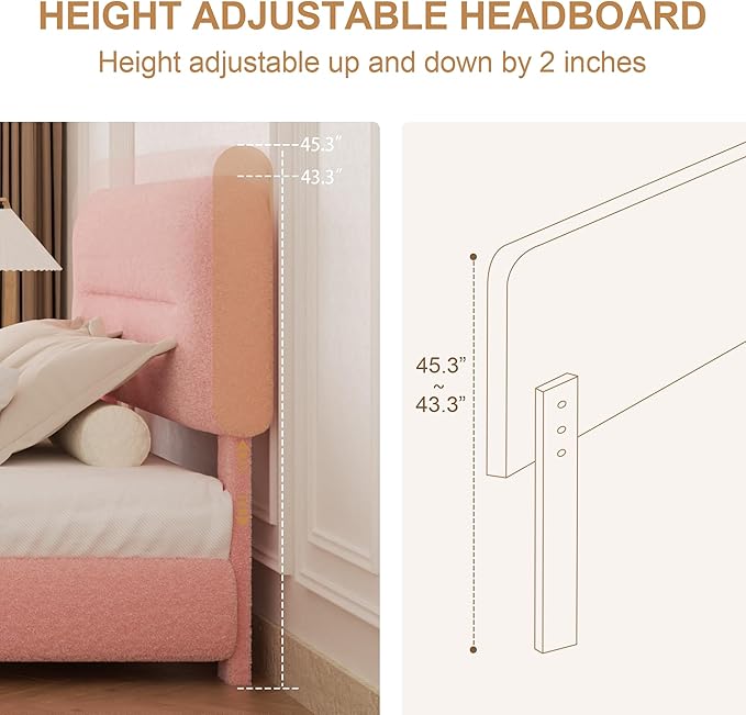 Full Size Cloud Bed Frame, Upholstered Boucle Platform Bed with Adjustable Headboard, Anti-Collision Soft Rounded Corners, Noise Free, Easy Assembly, Pink