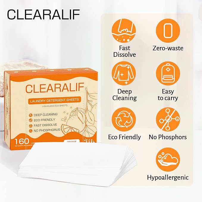 Laundry Detergent Sheets (480 Loads), Orange,Great For Travel,Apartments, Dorms,CLEARALIF Laundry Detergent Strips Eco Friendly & Hypoallergenic (80 Count, Pack of 3)