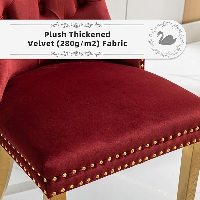 Velvet Upholstered Dining Chairs Set of 6, Modern Style Kitchen Side Chairs with Nailhead Trim and Gold Plated Leg, Metal Pulling Ring for Dining Room Living Room(Wine Red-Gold Plated Leg)