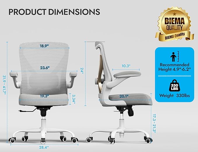 Ergonomic Office Chair with Lumbar Support - Adjustable Computer Desk Chairs for Home Office, Gaming, and Work - Comfortable and Supportive Desk Chairs for Adults(Grey Gold)