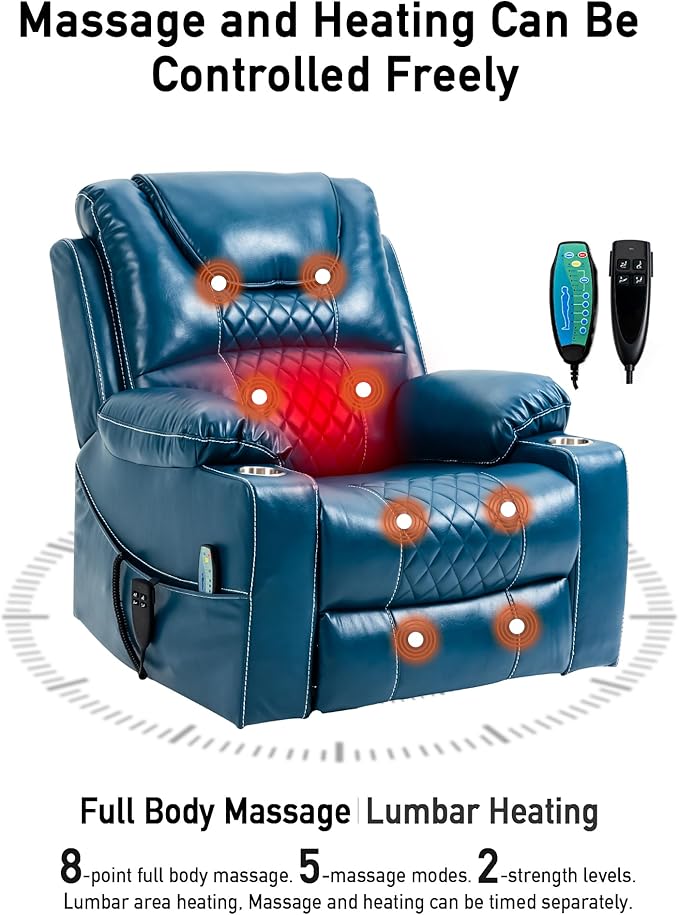 Oversized Lazy Boy Recliner Chair, 2 Motor Leather Recliner, Nursing Lift Chair with Massage and Lumbar Heating, Functional Adult Power Recliner with Cup Holders