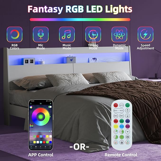 Modern Wooden Headboard with Storage, LED Light, Power Outlets, 2 USB Ports, Black, Skirting Groove (White, Queen)