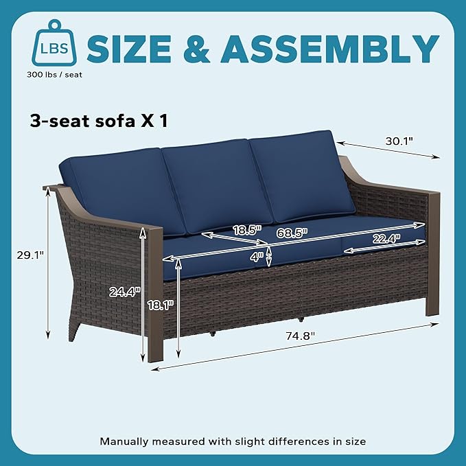 75" Patio Metal Wicker Sofa, 3-seat Deep Seat & Upholstered Couch, Outdoor All-Weather Rattan Loveseat with Washable Cushions, Steel Frame Couch, Garden (Navy Blue)