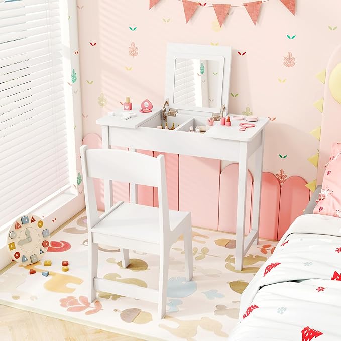 HONEY JOY Kids Vanity, Wooden Girls Vanity Desk with Flip Top Mirror, Hidden Storage Space, Toddler Makeup Vanity Dressing Table, Pretend Play Kids Vanity Table and Chair Set (White)