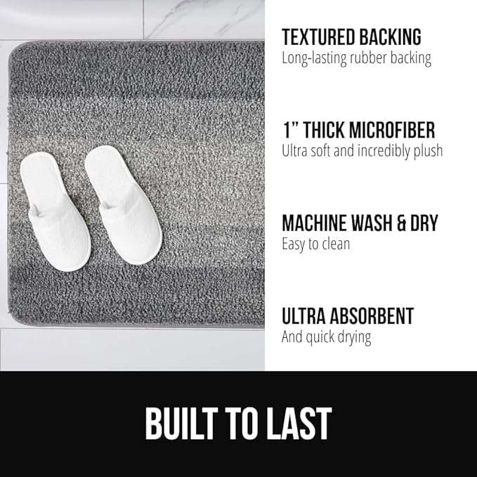 GORILLA GRIP Ultra Soft Plush Bathroom Rugs with Rubber Backing Set of 2, Absorbent Quick Dry Bath Mat, Machine Washable Shower Mats, Home Décor Accessories Bathmat Rug, 24x16 and 30x18 Grey