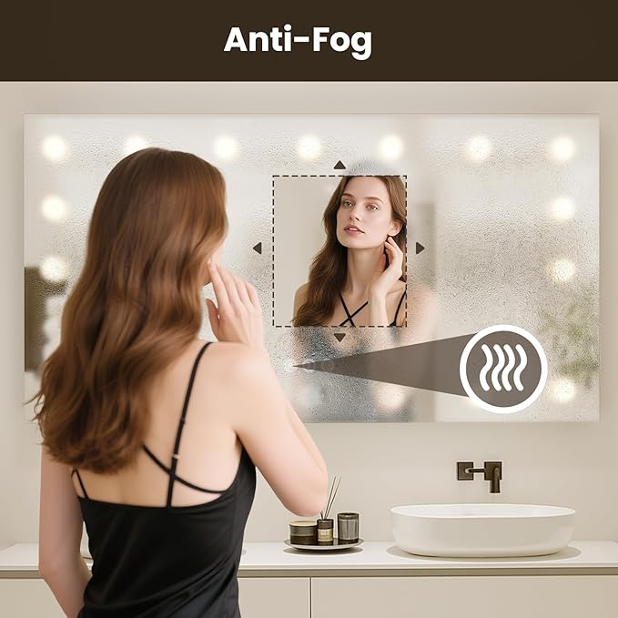WTTY LED Bathroom Mirror with Lights 40"x28" Hollywood Wall-Mounted Mirror with 3 Color Temperatures, Stepless Dimmable Bulbs, Anti-Fog & Shatter-Proof