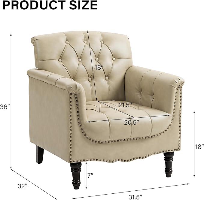 Faux Leather Accent Chair, PU Leather Modern Comfy Upholstered Armchair with Wood Legs & Nailhead Trim for Living Room, Bedroom (Beige,Set of 1)