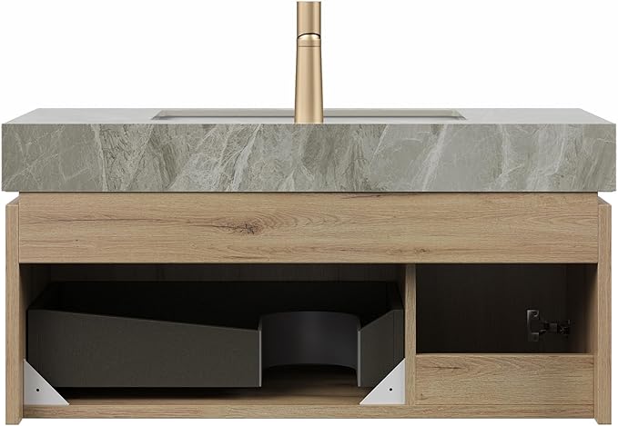 Bathroom Vanity with Sink 36 Inch, Floating Bathroom Vanity Sink Cabinet with Drawer and Door, Undermount Sink & Light Gray Sintered Stone Top, Pre-Assembled, White Oak