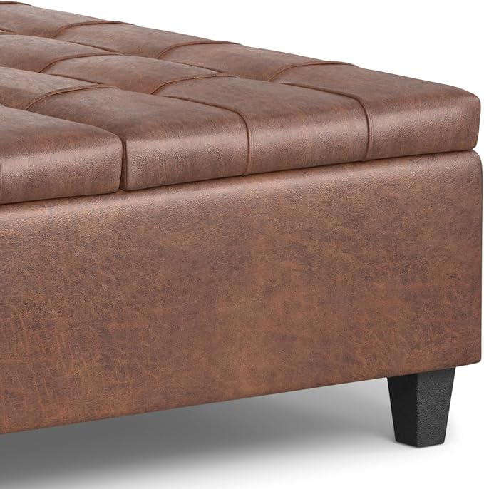 SIMPLIHOME Harrison Large Coffee Table Storage Ottoman - 40 inch Wide Upholstered Vegan Leather Square Lift-Top Ottoman in Distressed Saddle Brown, Transitional Bench for Living Room with Sturdy Base