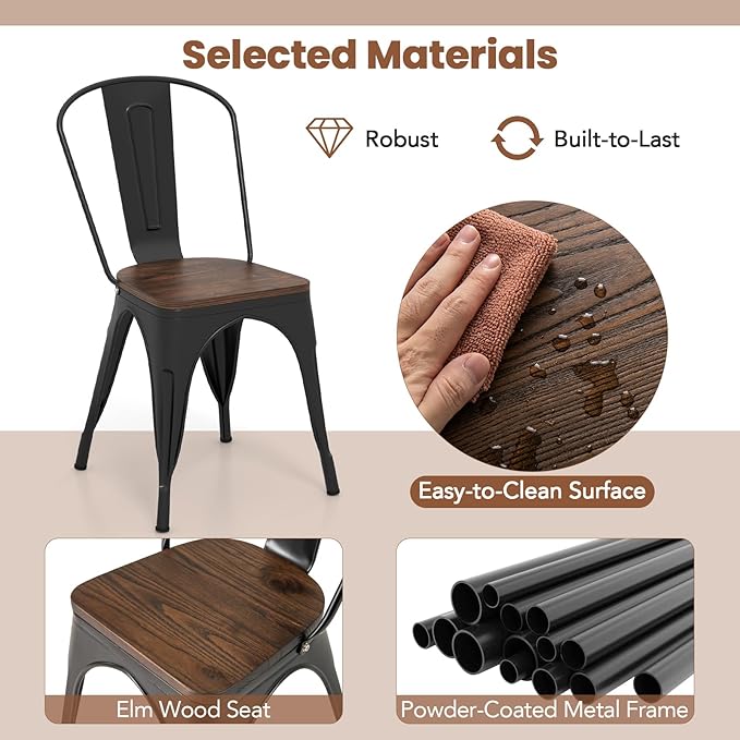 COSTWAY 18 Inch Dining Chair Set of 4, Industrial Vintage Stackable Metal Chairs, Counter Bar Chairs with High Backrest, Wood Seat, for Home, Kitchen and Cafe Bar Use