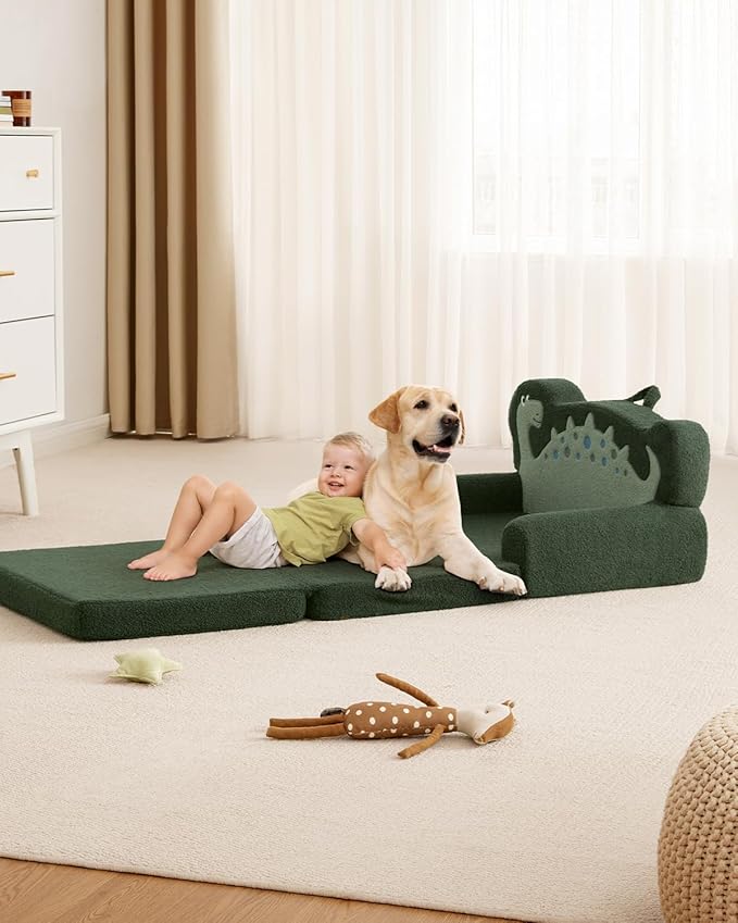 Blissful Diary Kids Couch, 2-in-1 Soft Toddler Couch Fold Out, Toddler Chair Comfy, Convertible Sofa to Lounger, Kids Furniture for Playroom, Gift for Birthday, Children's Day, Green Dinosaur