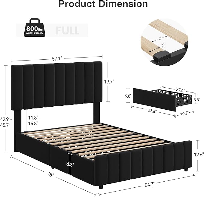 Garvee Full Size Bed Frame with 4 Storage Drawers, Adjustable Height Headboard, Linen Upholstered Platform Bed Frame, No Box Spring Needed, Easy Assembly, Black