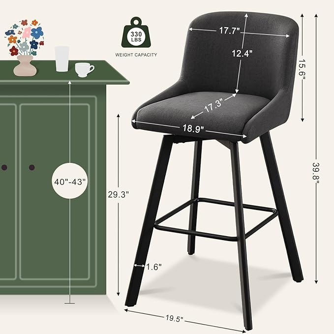 Swivel Counter Height Bar Stools Set of 2, 30''H Upholstered Barstools with Backs, Modern Bar Stool Chairs for Kitchen Island, Metal Legs, Fabric, Black Grey Stools Counter Chair