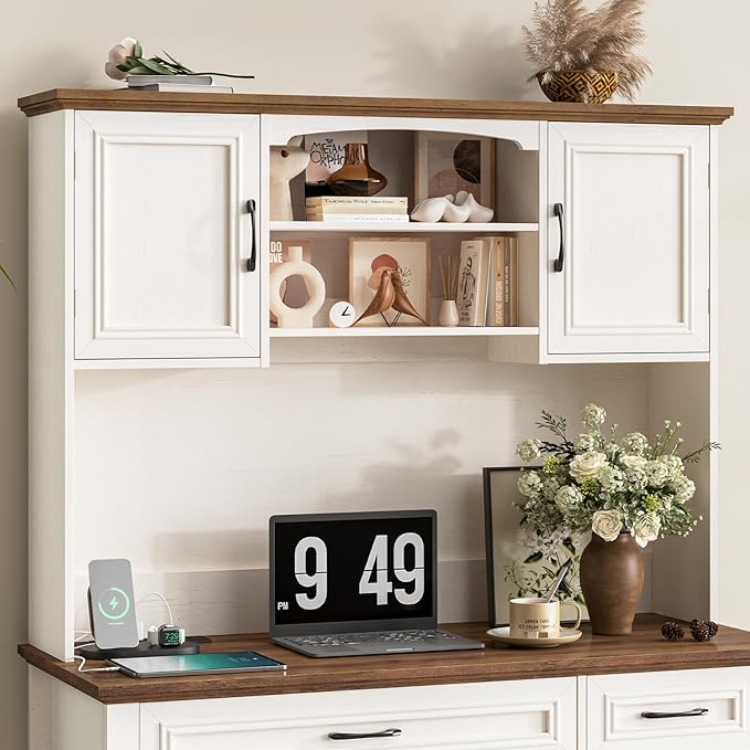 Farmhouse 47" Executive Desk with Hutch, 2 Drawers and LED Light, Computer Desk with Storage Cabinet and Charging Station,Workstation for Home Office and Study.Unique White