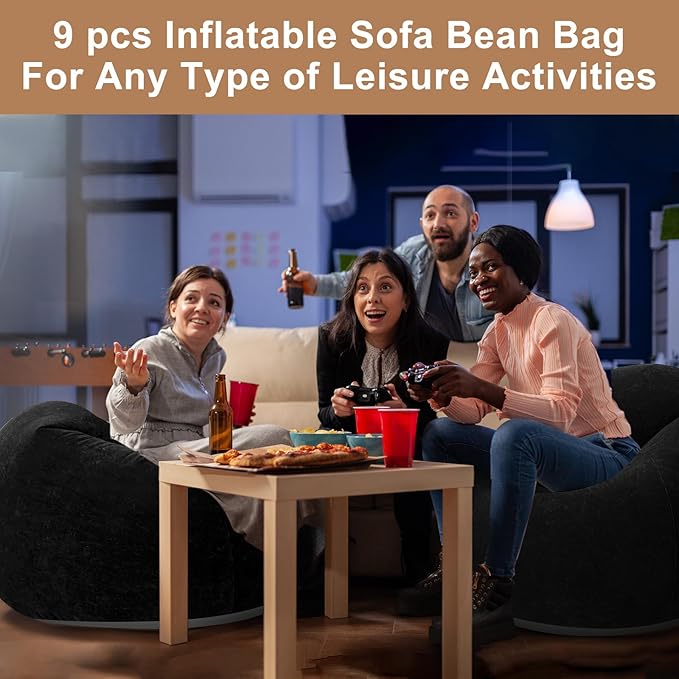 Realspring 9 Pcs Bean Bag Chairs for Adults Inflatable Chairs with Electric Air Pump,Blow up Couch Folding Portable Inflatable Couch Lazy Sofa for Reading Living Room Camping (Black)