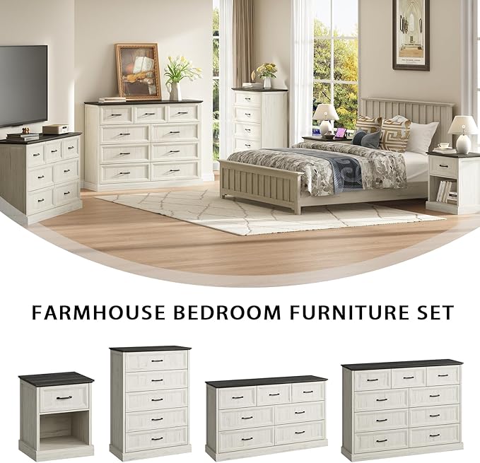 CARPETNAL Farmhouse 9 Drawer Dresser for Bedroom, 55 Inch Wide Modern White Dresser TV Stand with Large Drawers & Bar Handles, Rustic Wood Chest of Drawers for Bedroom, Living Room, Hallway, Entryway.