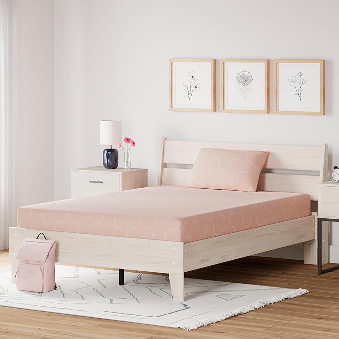 Signature Design by Ashley Twin Size iKidz 7 Inch Firm Gel Memory Foam Mattress with Stretch Knit Cover & Pillow Included, Pink Coral, Fiberglass Free, Mattress in A Box