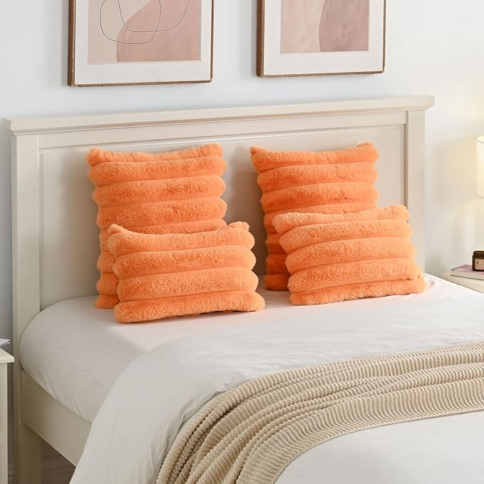 FUTEI Orange Decorative Throw Pillow Covers 18x18 Inch Set of 2, Square Soft Faux Rabbit Fur Thick Striped Cushion Cover,Winter Home Decor for Couch Bed Living Room
