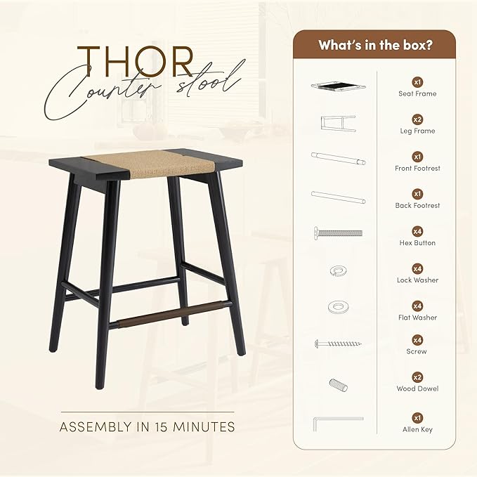 Thor Wicker Premium Solid Wood Counter Stool 24", Backless Counter Height Seating with Hand-Knitted Rope, Eco-Friendly Modern Design (Midnight Charcoal)