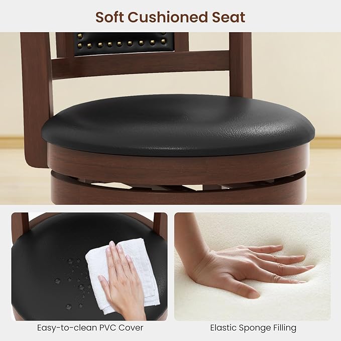 COSTWAY Bar Stools Set of 2, 30.5” Swivel Upholstered Bar Height Bar Stool with Curved Backrest & Cushioned Seat, Solid Rubber Wood Legs & Resting Footrest, for Kitchen Island (2, 30.5”)