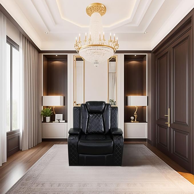 Power Recliner with LED, Black Leather Reclining Chair for Living Room, Muti-Functional Recliner with Storage Armrest/USB Ports for Living Room/Bedroom/Office