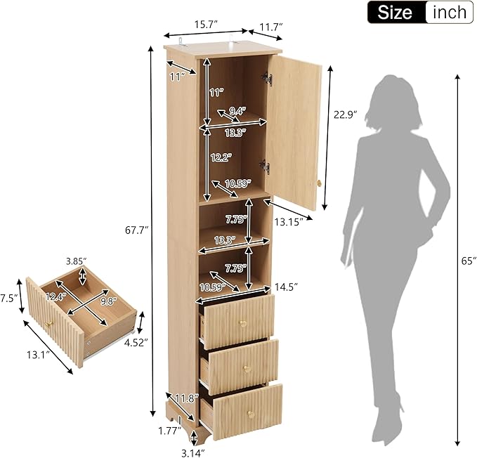 Tall Freestanding Storage Cabinet with One Door & 3 Drawers, Multi-Purpose Organizer with Open Storage and Adjustable Shelf for Bathroom, Office, Living Room, Wood
